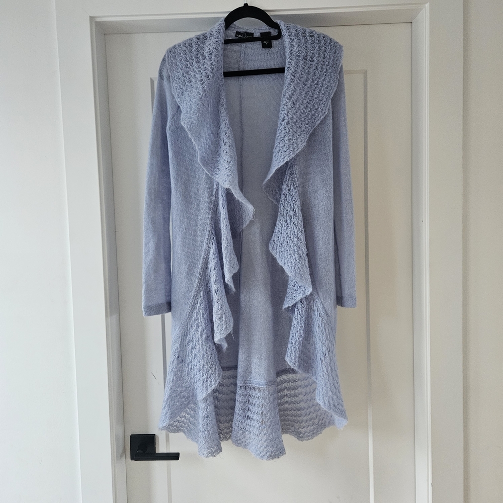 Moda International Light Blue Ruffled Cardigan Kid Mohair Size Small Y2k